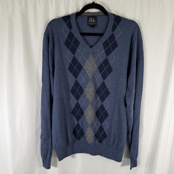 Jos A Bank Traveler Merino Wool Sweater Men's XL Blue Knit Long Sleeve Vneck - Picture 1 of 9